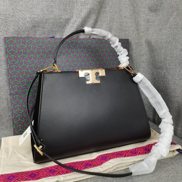 NEW Tory Burch Eleanor Spazzolato Satchel Bag In Black - Picture 3 of 11
